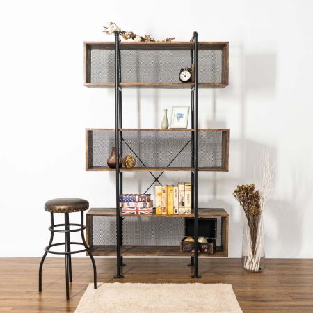 Industrial Pipe Iron Net Brown Oak Laminated Bookshelf